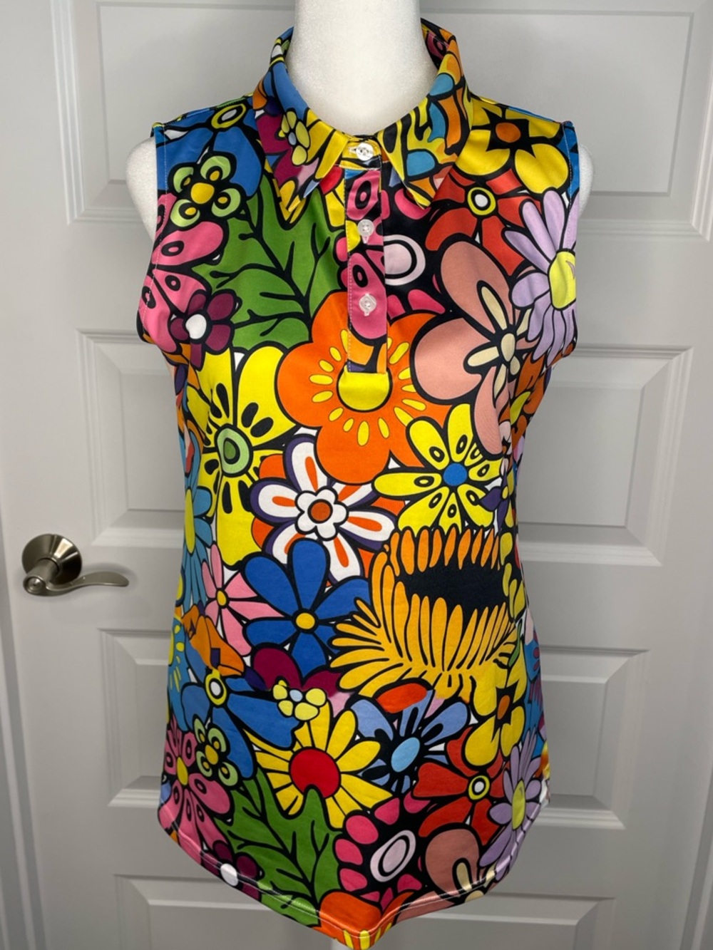 Sleeveless Cegolfs Floral Print Polo Top - Multicolor Medium
